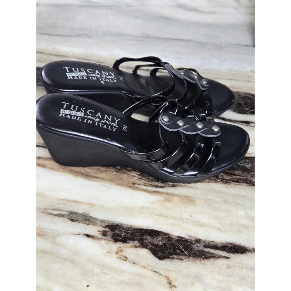 Tuscany by Easy Street‎ Black Patent Wedge Sandals Made in Italy Studded 7M